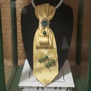 Yellow Silk Statement Necktie Necklace with Green Cabochons